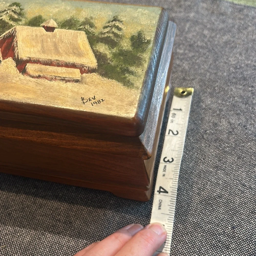 Vintage Hand-Painted Wood Music Box – Winter Barn Scene Signed “Bev 1982”